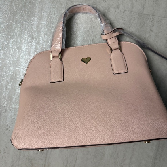 Pink Satchel purse with Double Handles and Gold heart Emblem - Picture 2 of 11